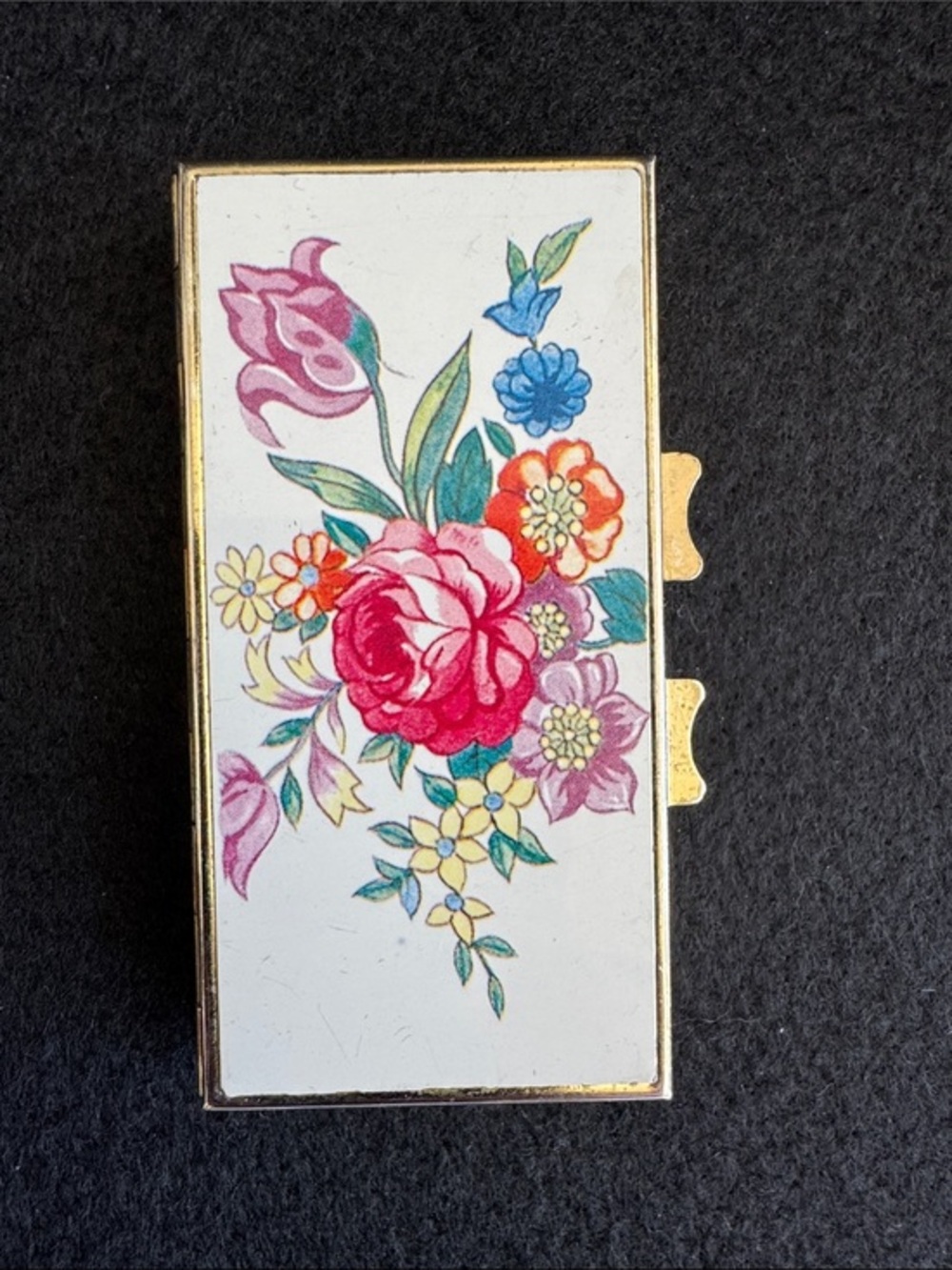 VTG  Mid Century 7 day weekly pill box 1960s/1970s Gold Tone Enamel Floral
